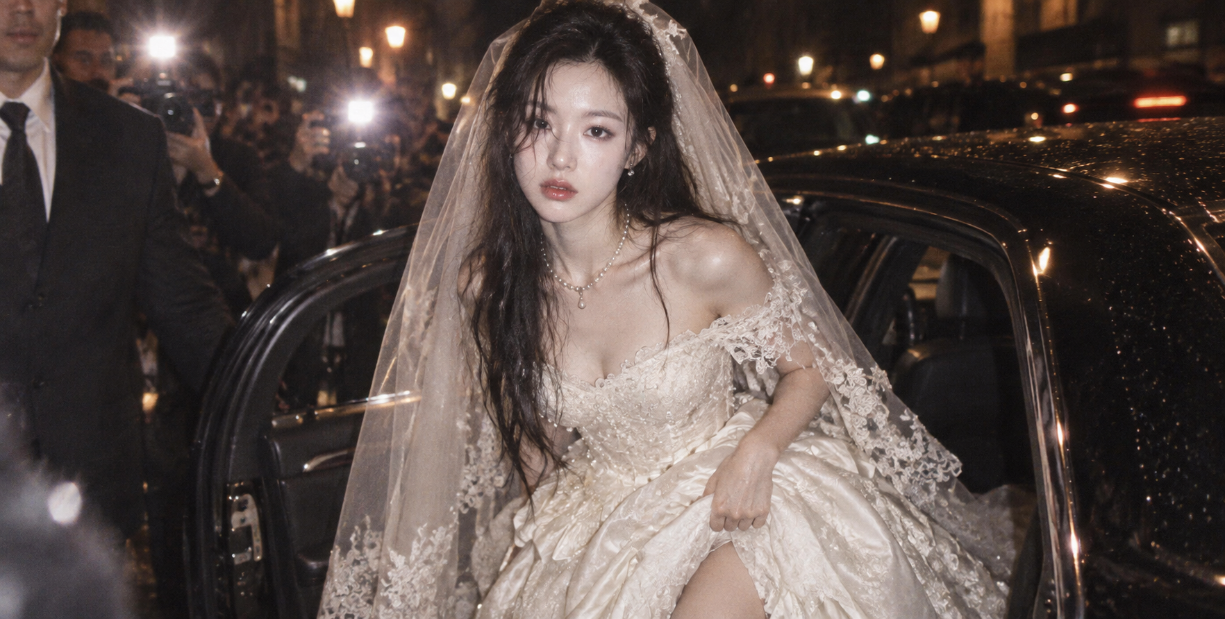 Mystérieuse mariée adulte : portrait de mariage paparazzi en voiture de luxe la nuit
