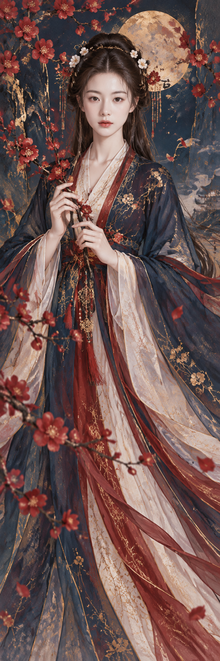 1:3 Ultra-Vertical Fine-Brush Heavy-Color Hanfu Lady Portrait