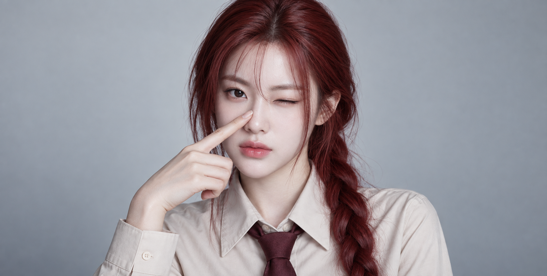 Close-up of a red-haired professional beauty with braids winking one eye