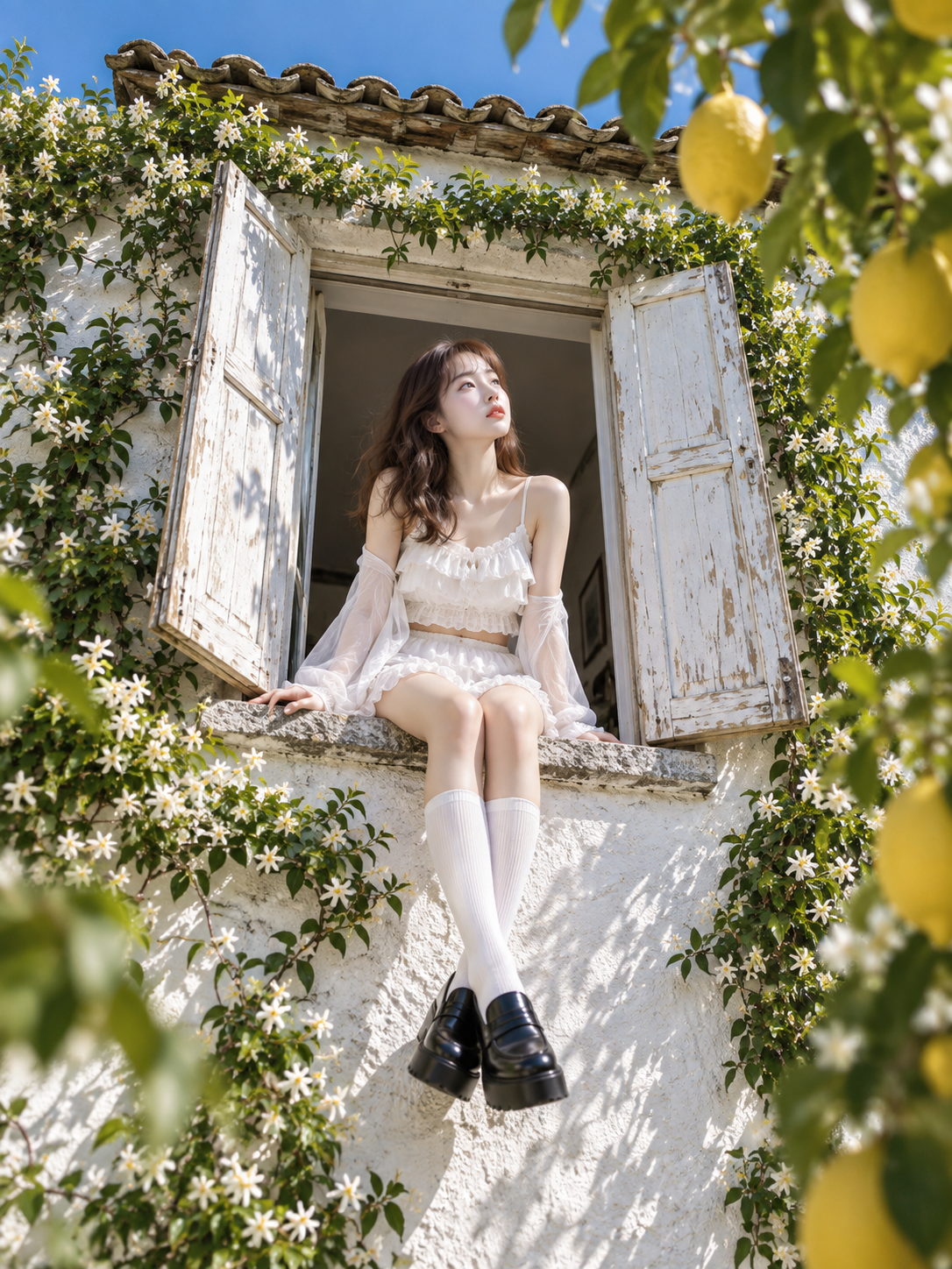 Portrait en contre-plongée d'une femme adulte en blanc près d'une fenêtre citron avec mocassins noirs