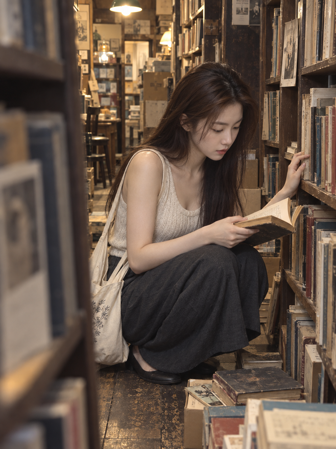 古書店で読書するアジア人女性の生活感スマホ写真