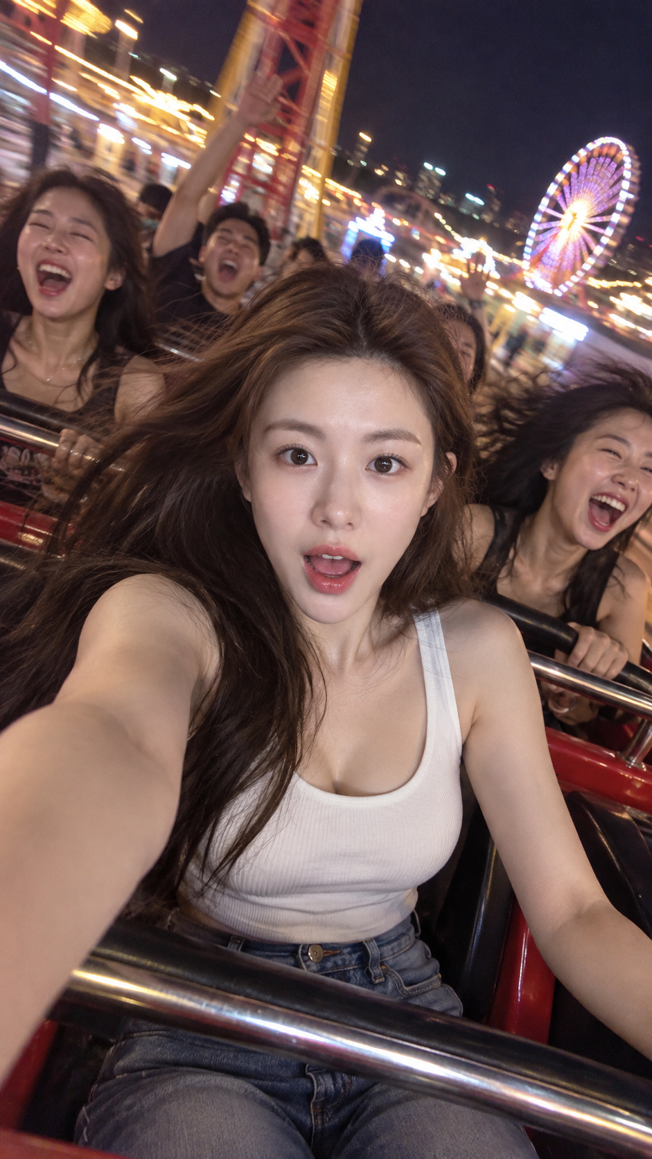 遊園地の深夜ジェットコースターで動感セルフィー