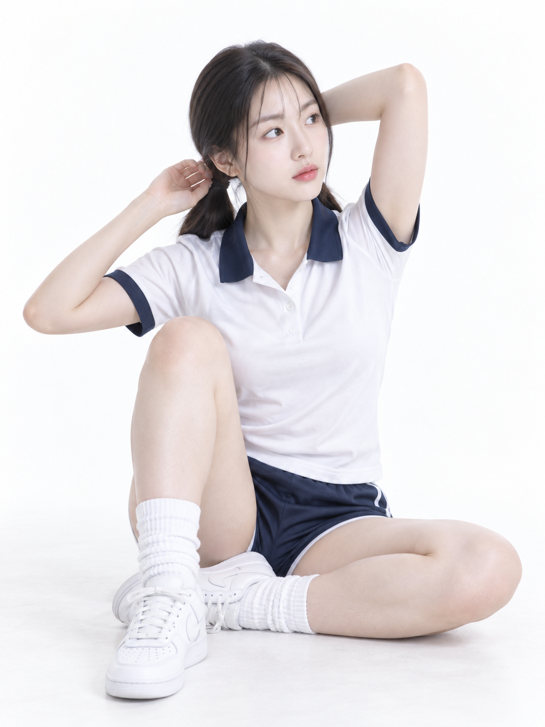 真っ白なスタジオでストレッチする成人女性のスポーツポートレート