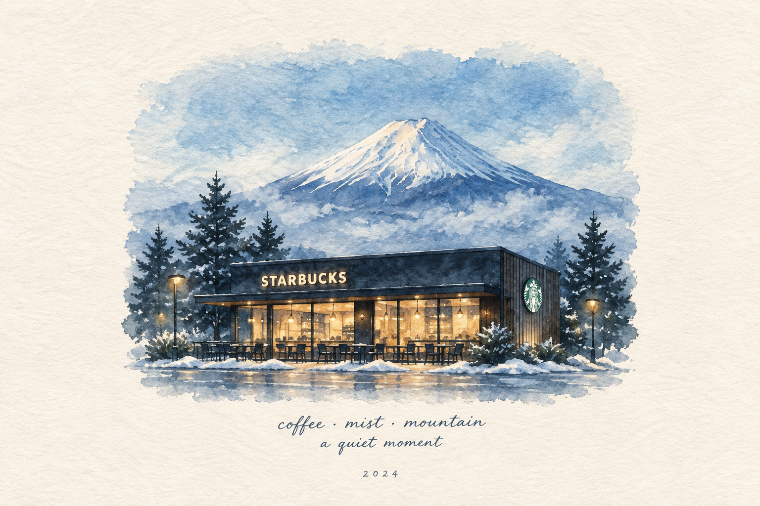 Minimalist Hand-Drawn Watercolor Art Print of Mount Fuji Starbucks