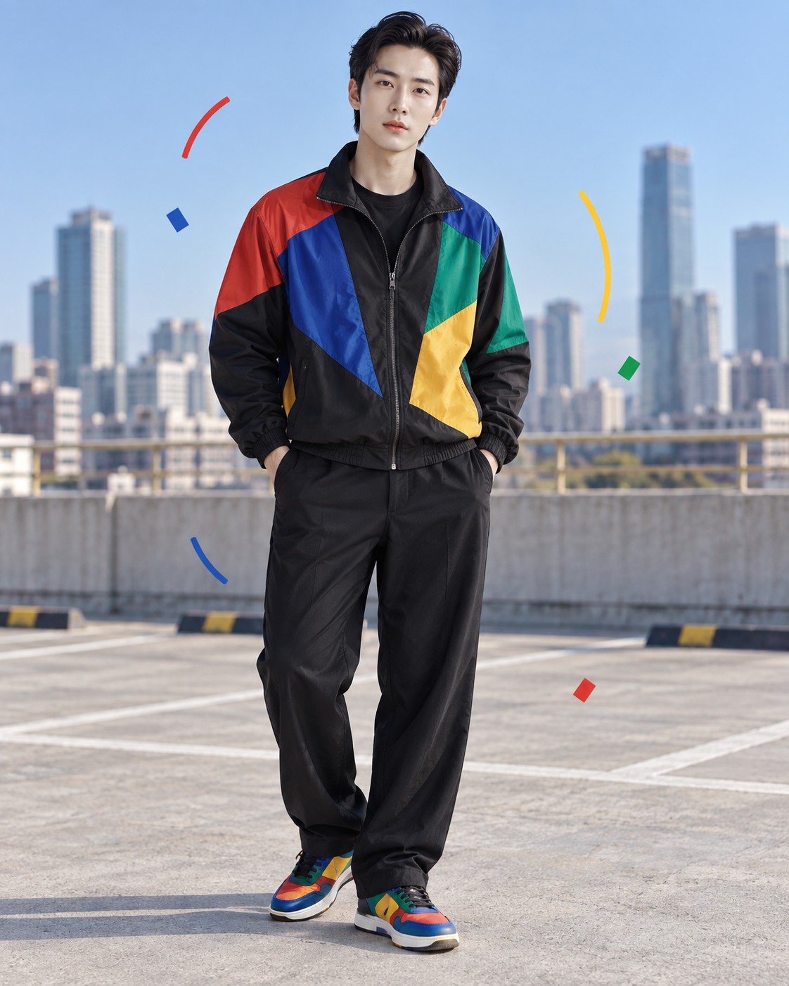 Fashion Portrait of an Adult Man in a Rooftop Parking Garage with Bold Color Contrast