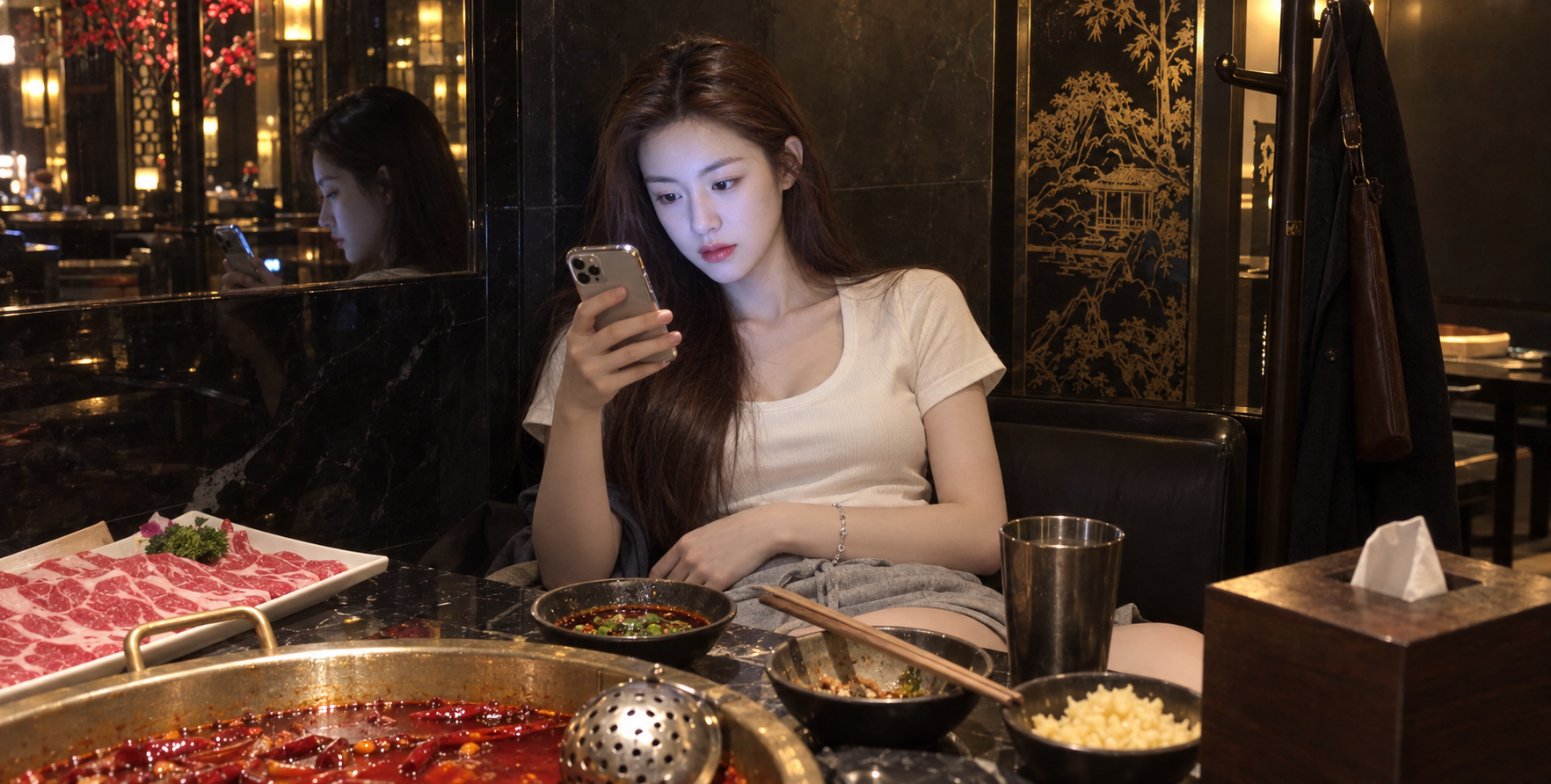 四川火鍋店でスマホをいじる中国人若い女性