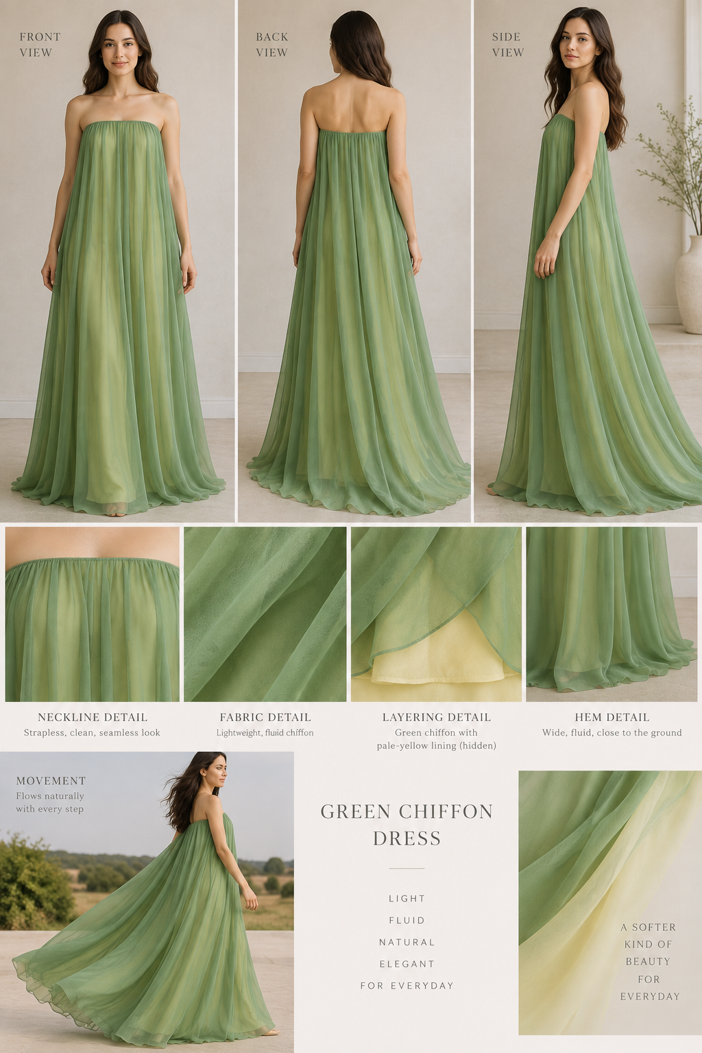 Robe longue fluide en mousseline de soie verte à bustier