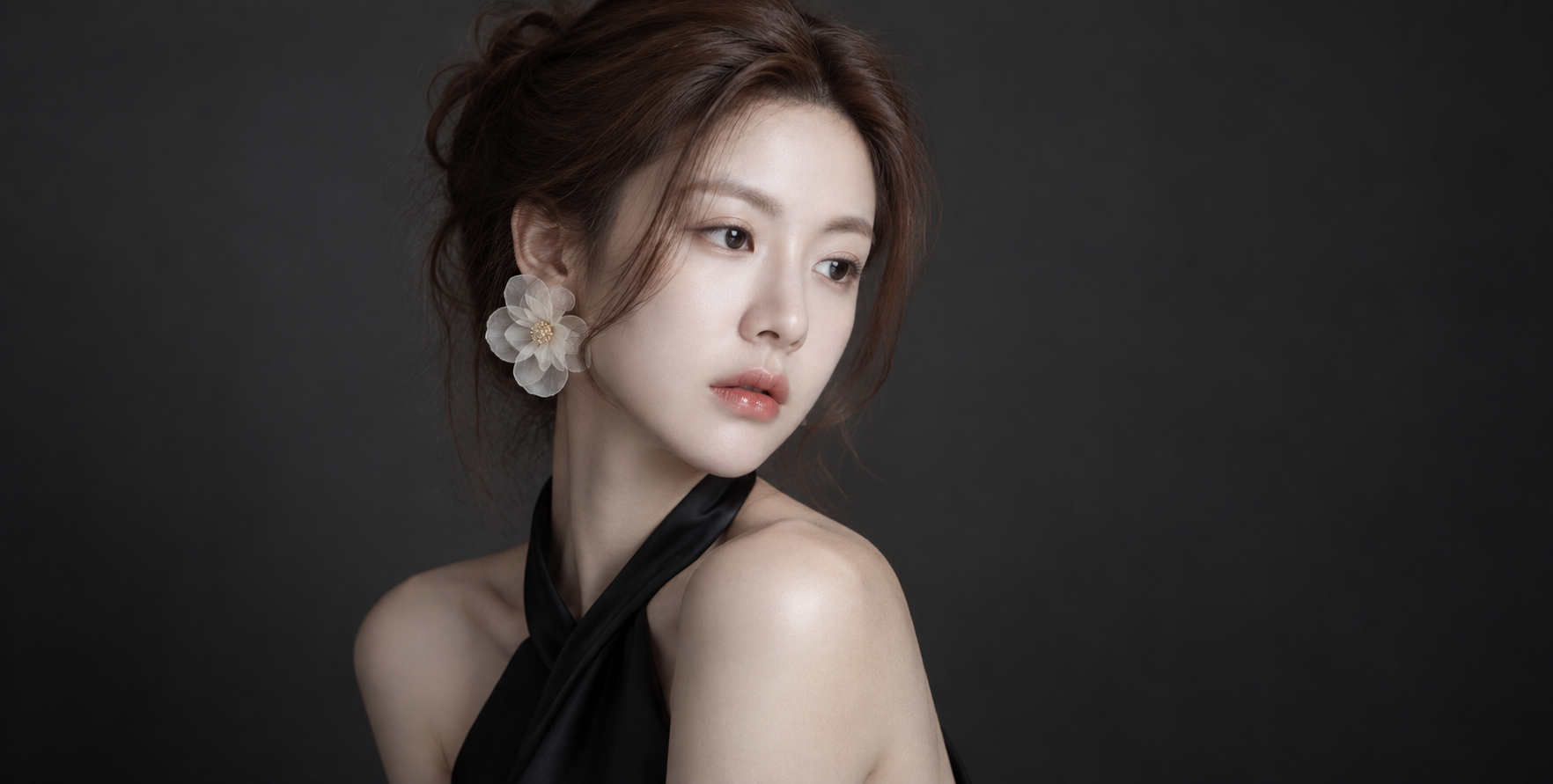 High-Fashion Close-Up Portrait with White Floral Earrings