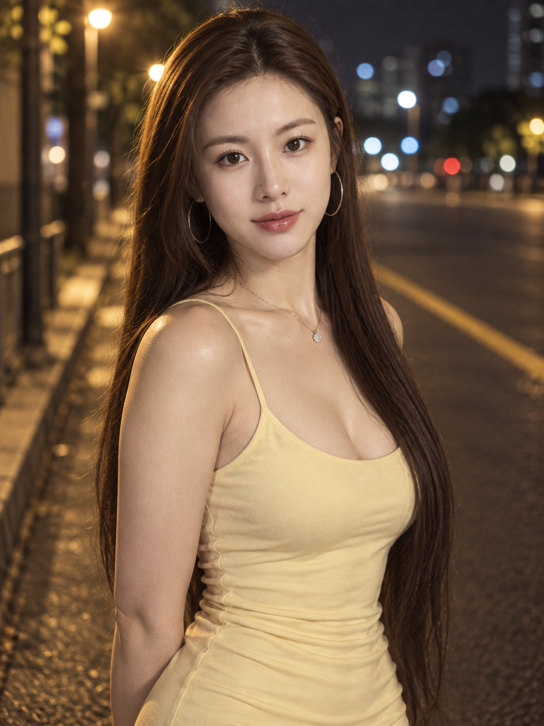夜の街に佇む東アジア美女の横顔ポートレート