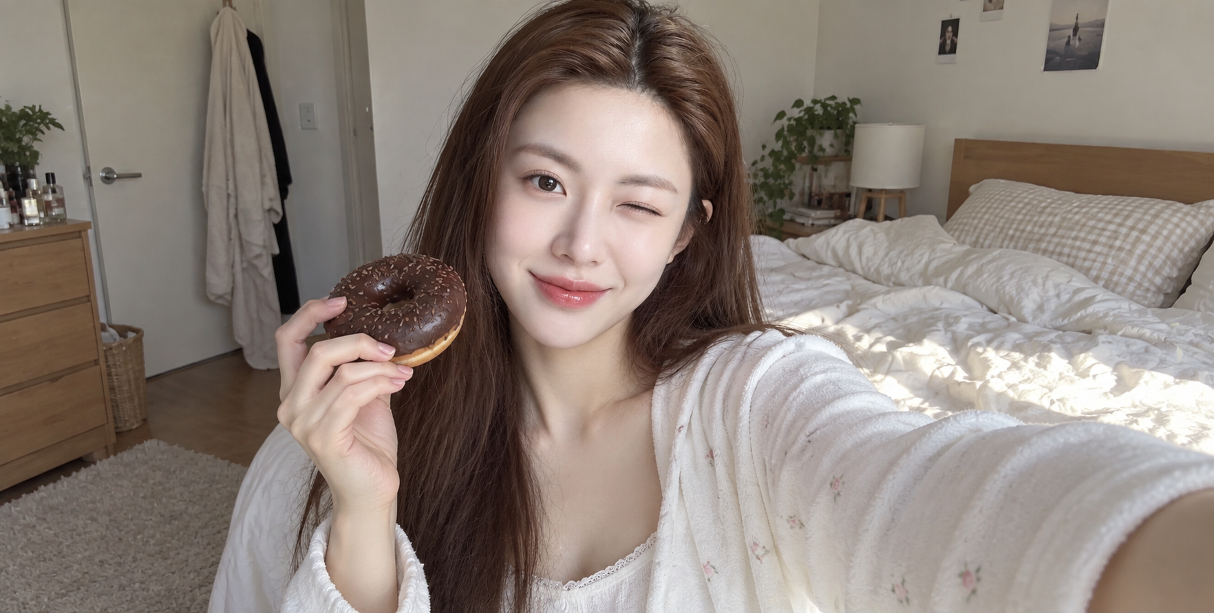 Cô gái mặc đồ mặc nhà trắng selfie khi ăn bánh donut trong phòng ngủ đầy nắng sớm