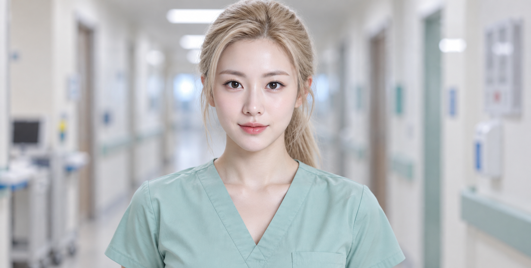 Gros plan d'une charmante infirmière blonde sous un éclairage cinématographique