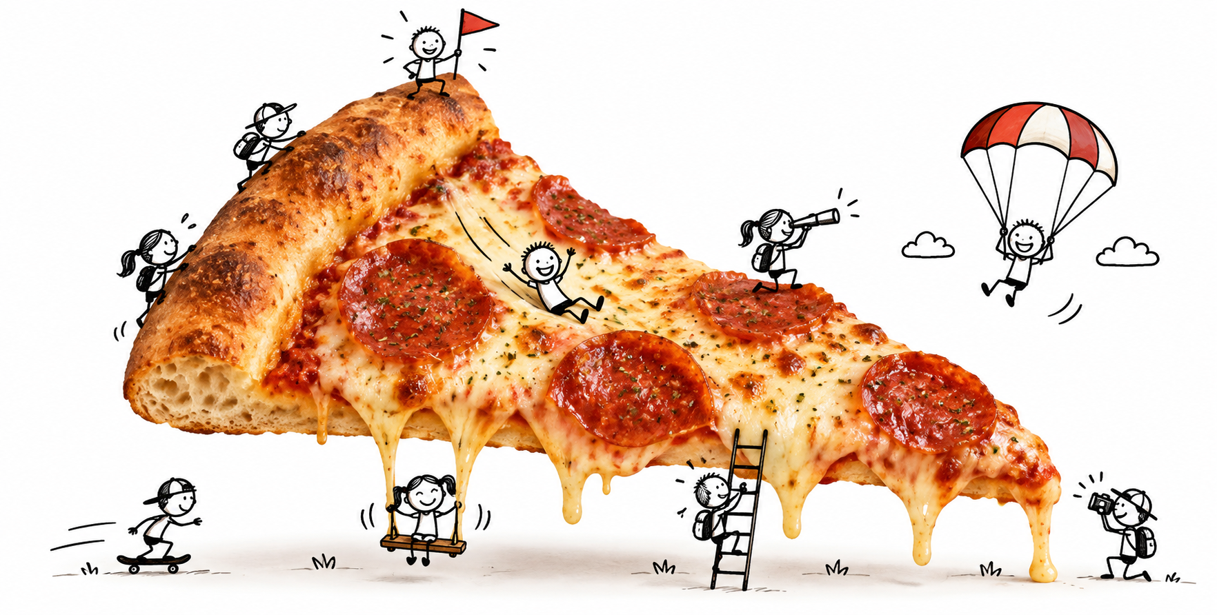 Giant Pizza Slice and Hand-Drawn Tiny People Adventure Fantasy Illustration