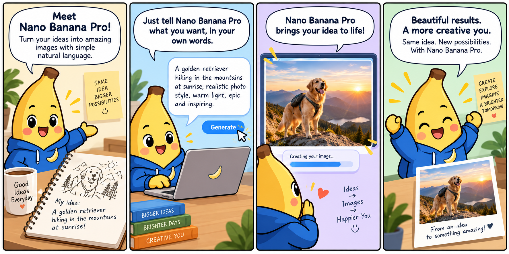 Personnages mignons en bande dessinée Nano Banana Pro : guide ludique en quatre cases