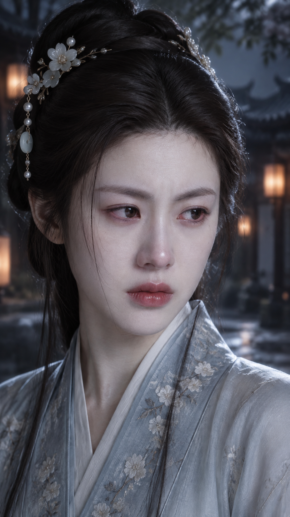 映画級の古風な少女の抑圧された恨みのクローズアップ肖像