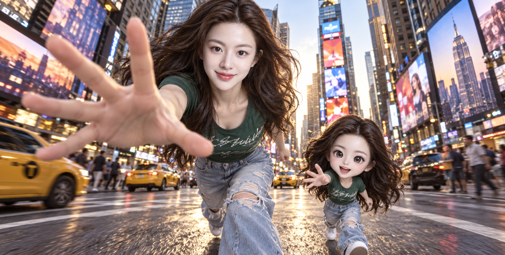 Femme courant à Times Square avec ses mini-sos