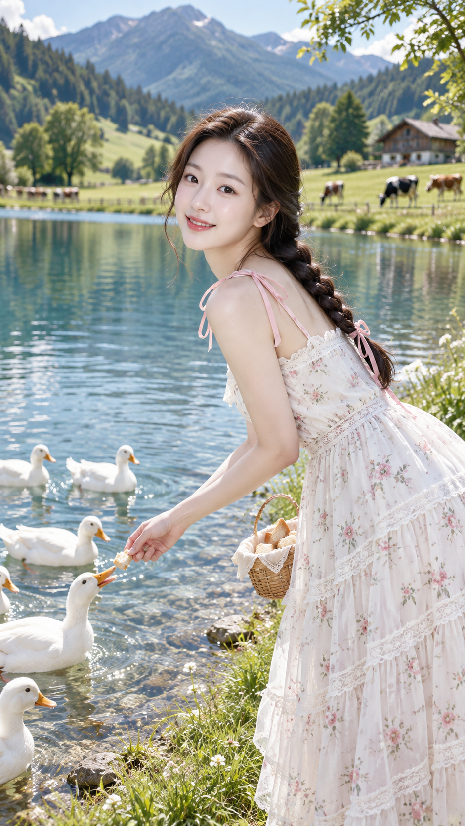Hyperrealistic East Asian Woman Feeding Ducks by the Lake Summer Fashion Portrait