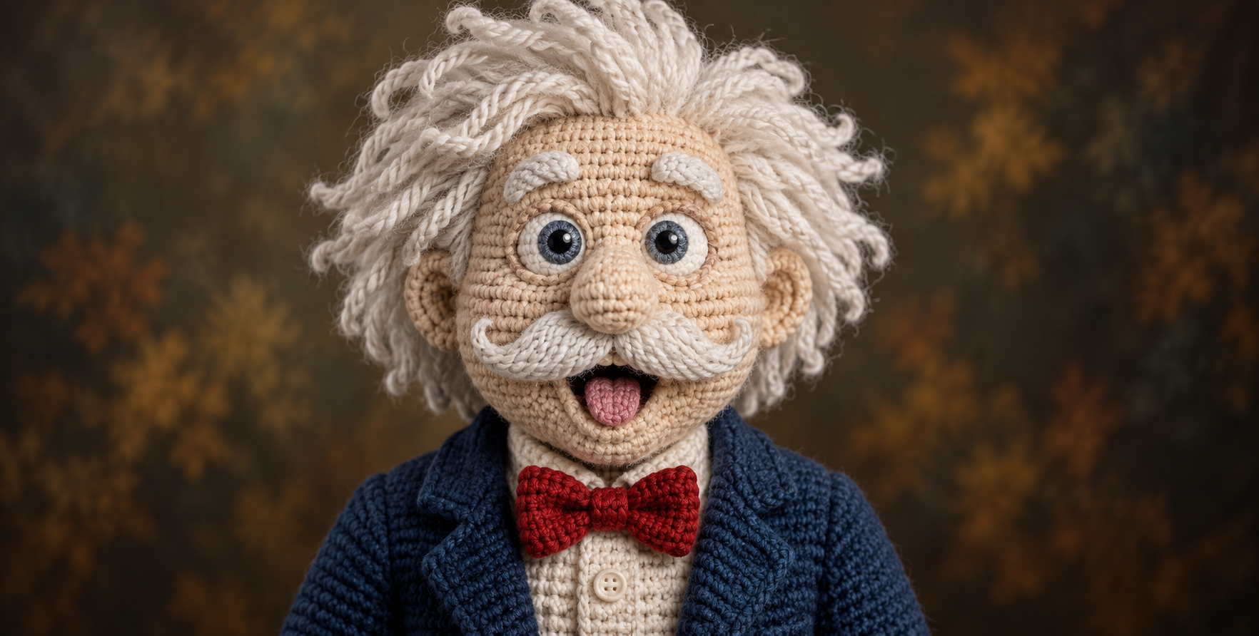 Hyperrealistic Crochet Playful Character Portrait on Dark Painted Background