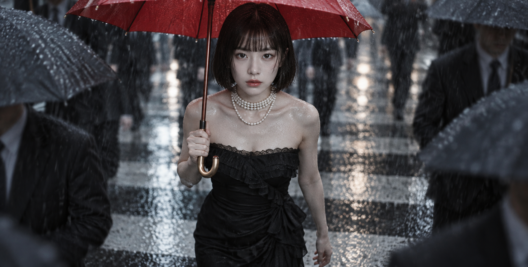 雨の中、赤い傘をさす東アジア女性のシネマティックな肖像