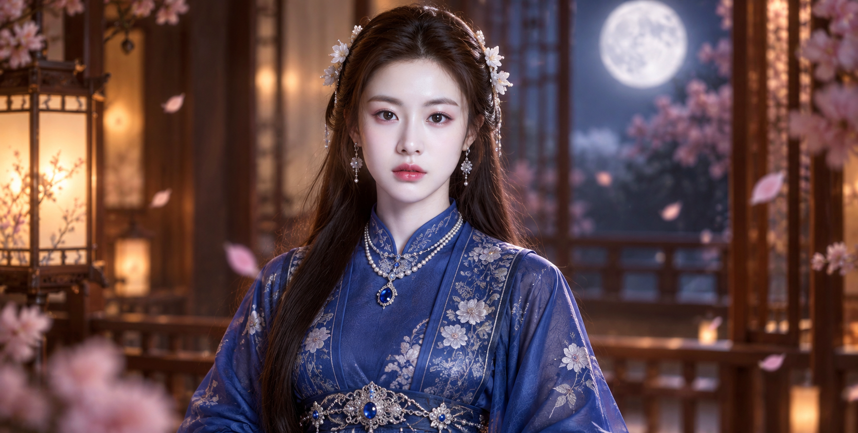 Dreamy Portrait of an Adult East Asian Woman in Royal Blue Hanfu Style