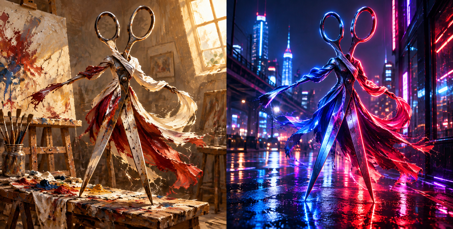 Scissor Man in Classical Oil Painting and Neon Night City Dual-Style Art
