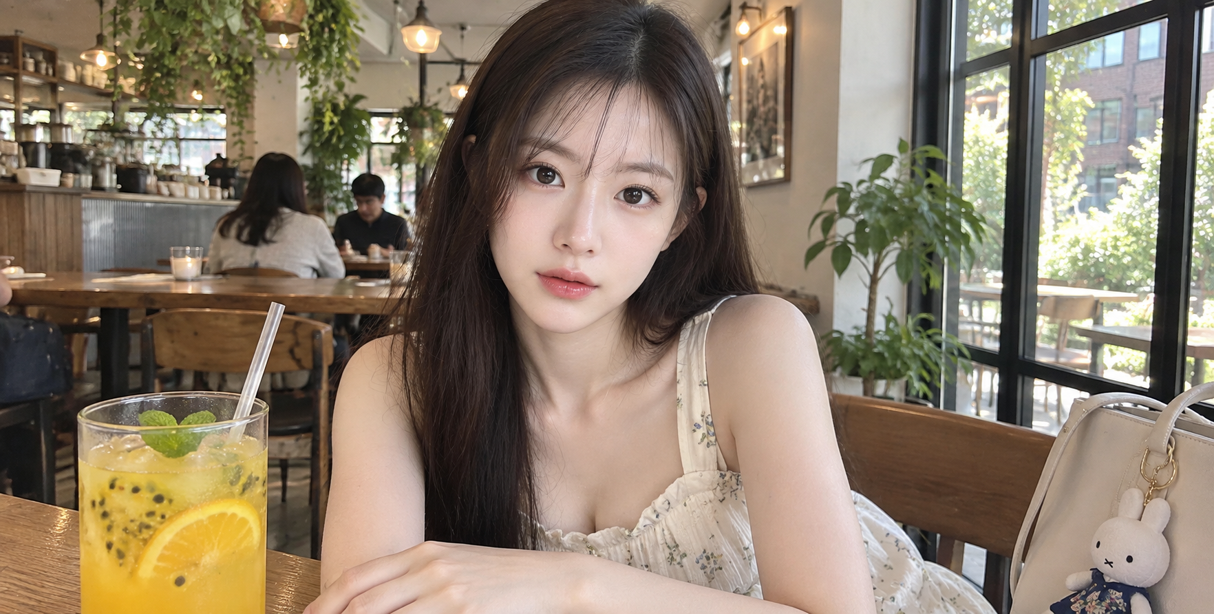 カフェで撮った長髪の日本人少女のスマホ写真