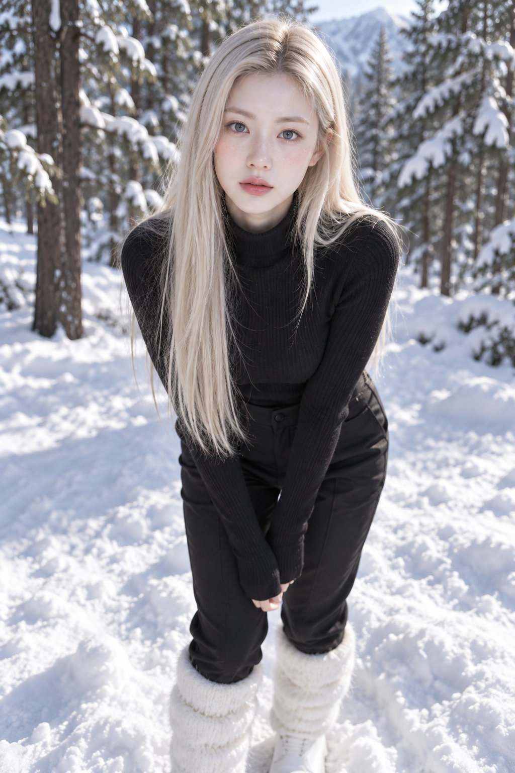 Portrait de mode hivernal original aux longs cheveux platine dans une forêt enneigée