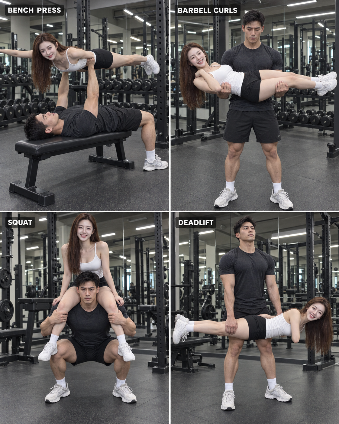 Séance ludique de couple avec haltère humain à la salle de sport
