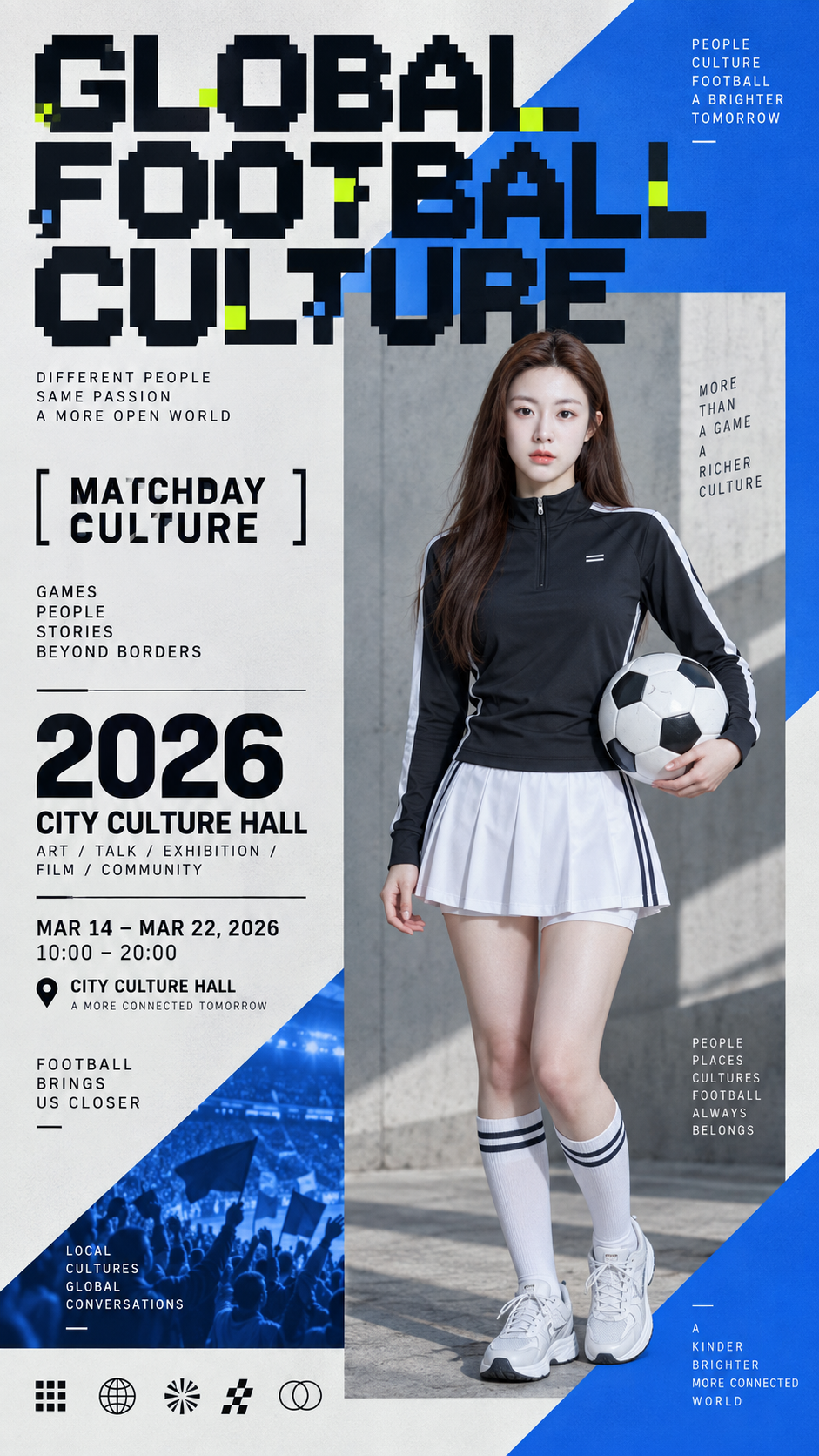 Poster thông tin hình học pixel cho sự kiện văn hóa bóng đá quốc tế