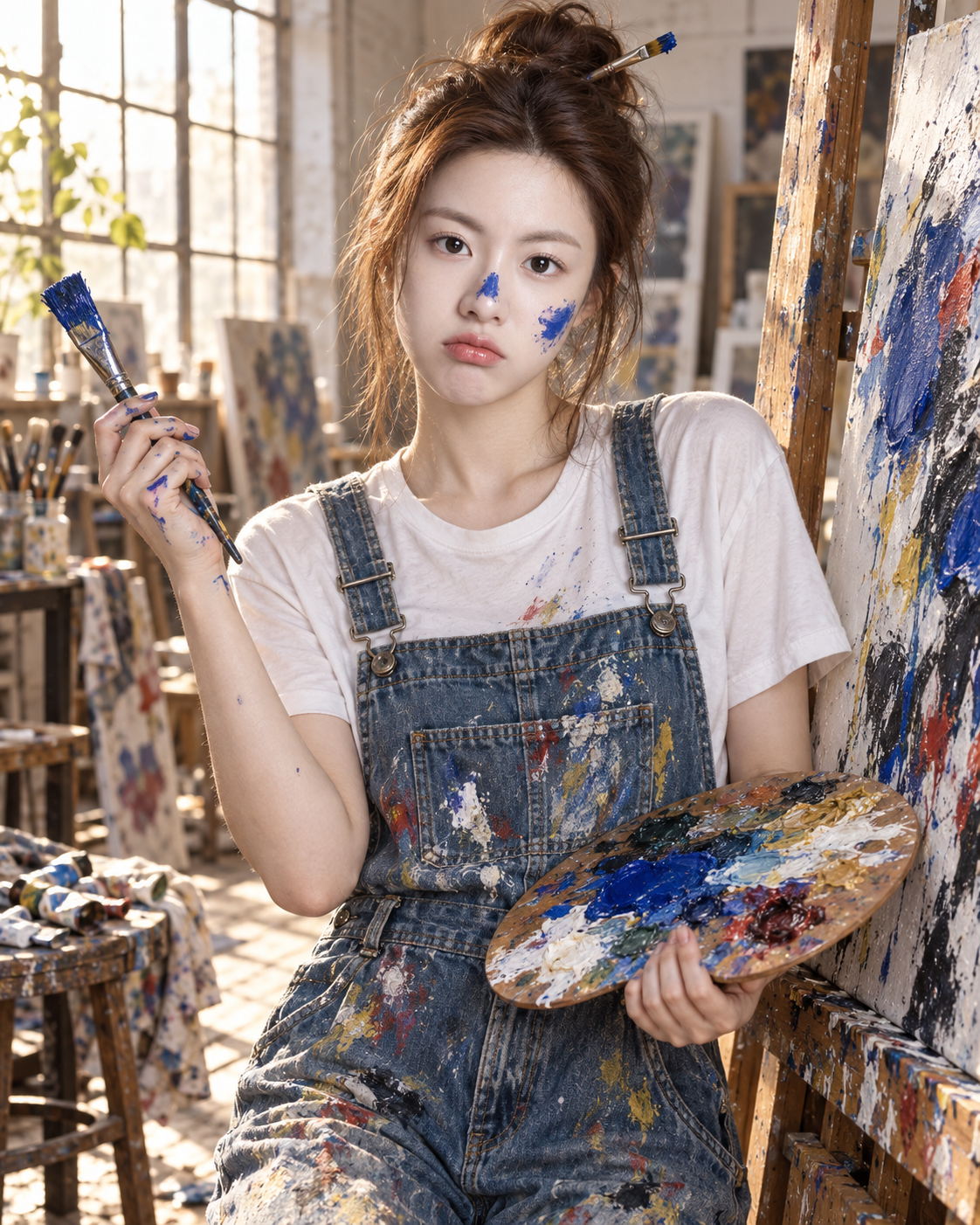 Adult female artist covered in paint in a sunlit studio