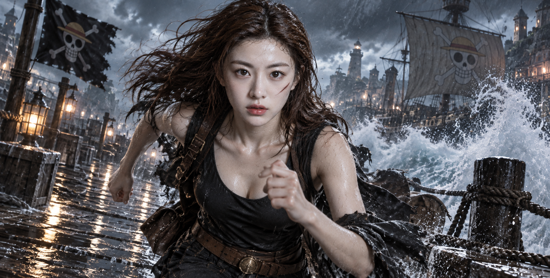 Racing Through the Stormy Harbor: Cinematic Live-Action Anime Fusion