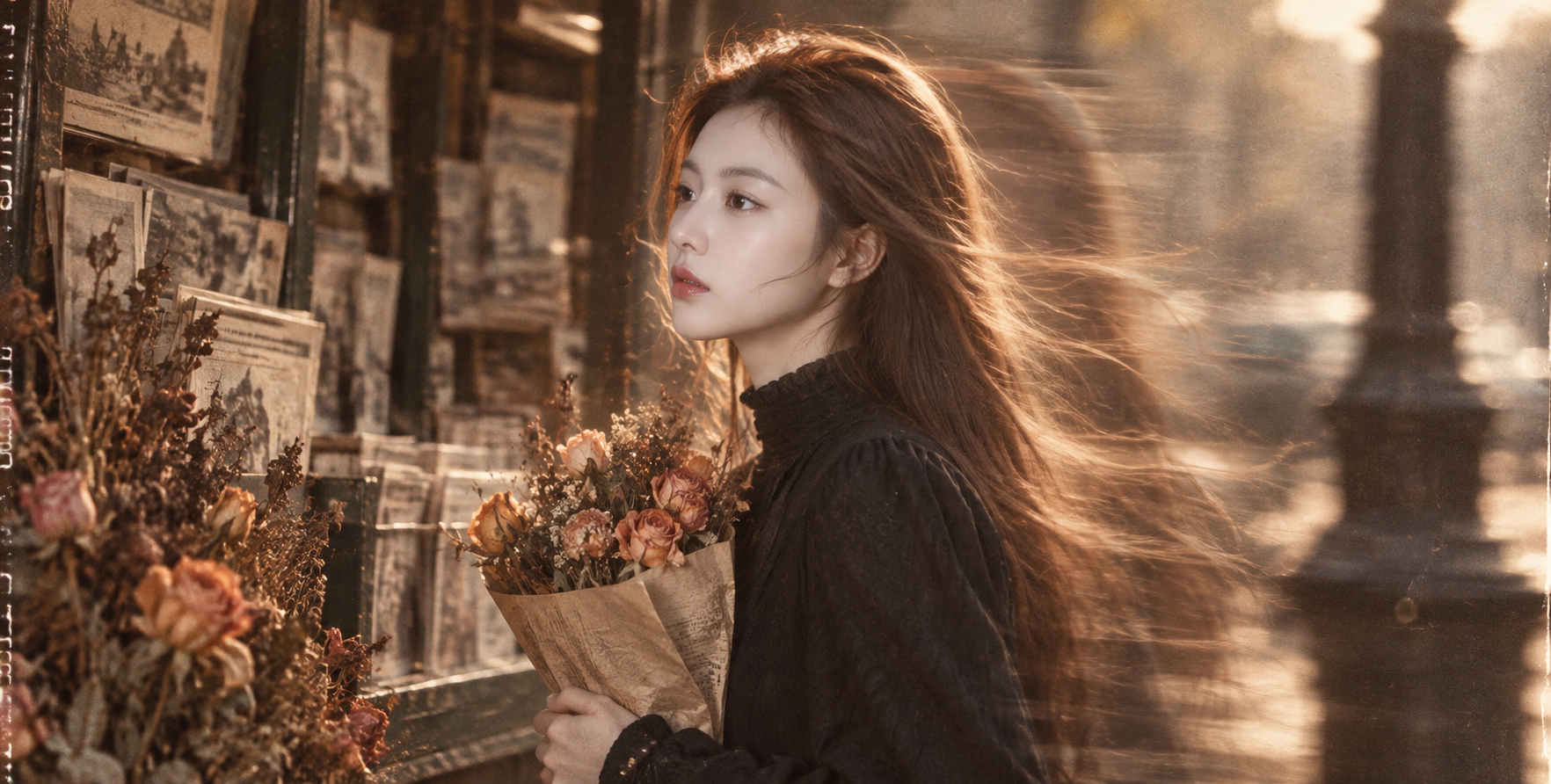 Film vintage : ombres florales au vieux kiosque et jeune fille en robe noire
