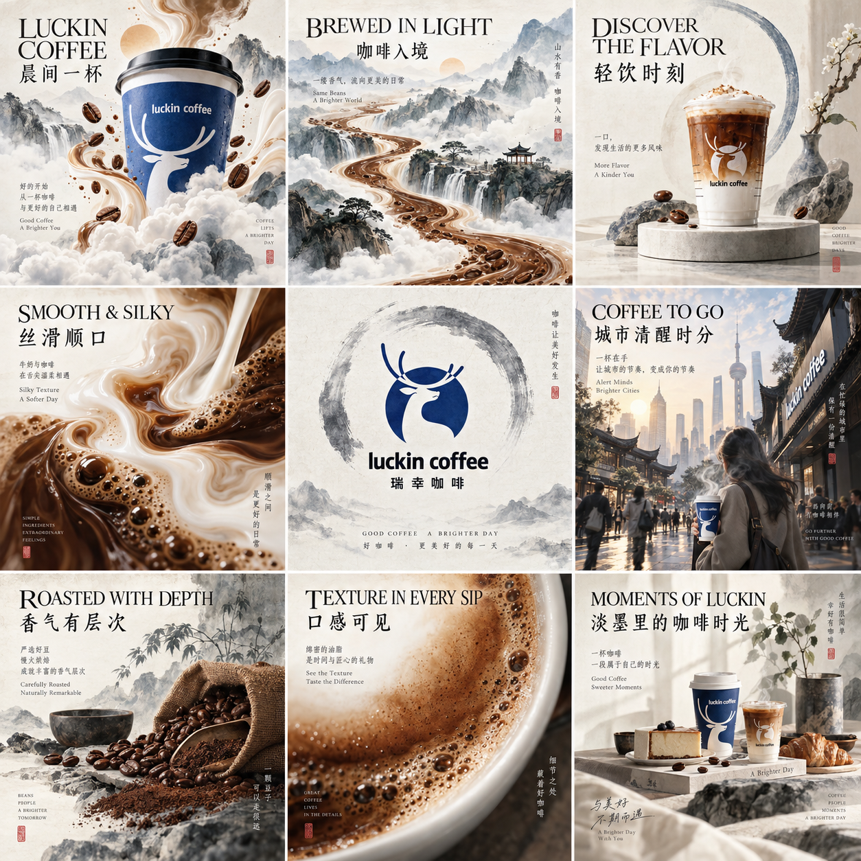 Áp phích chín ô của Luckin Coffee phong cách thủy mặc nhẹ nhàng cao cấp