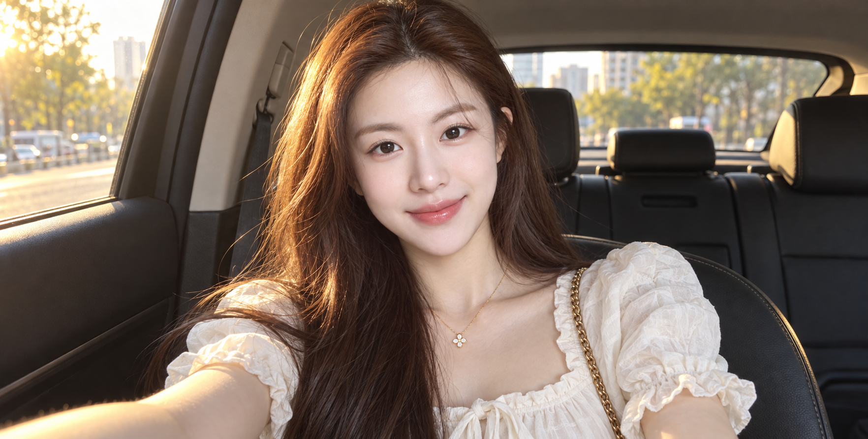 Ảnh selfie của phụ nữ Đông Á trong xe hơi hiện đại lúc giờ vàng