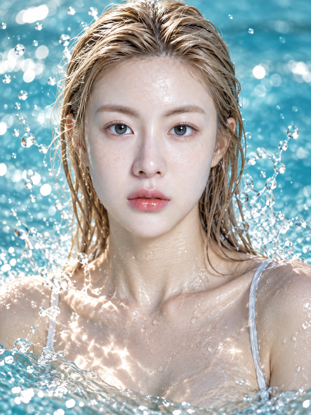 夏の日差しに輝く濡れた髪と水滴の高精細クローズアップ
