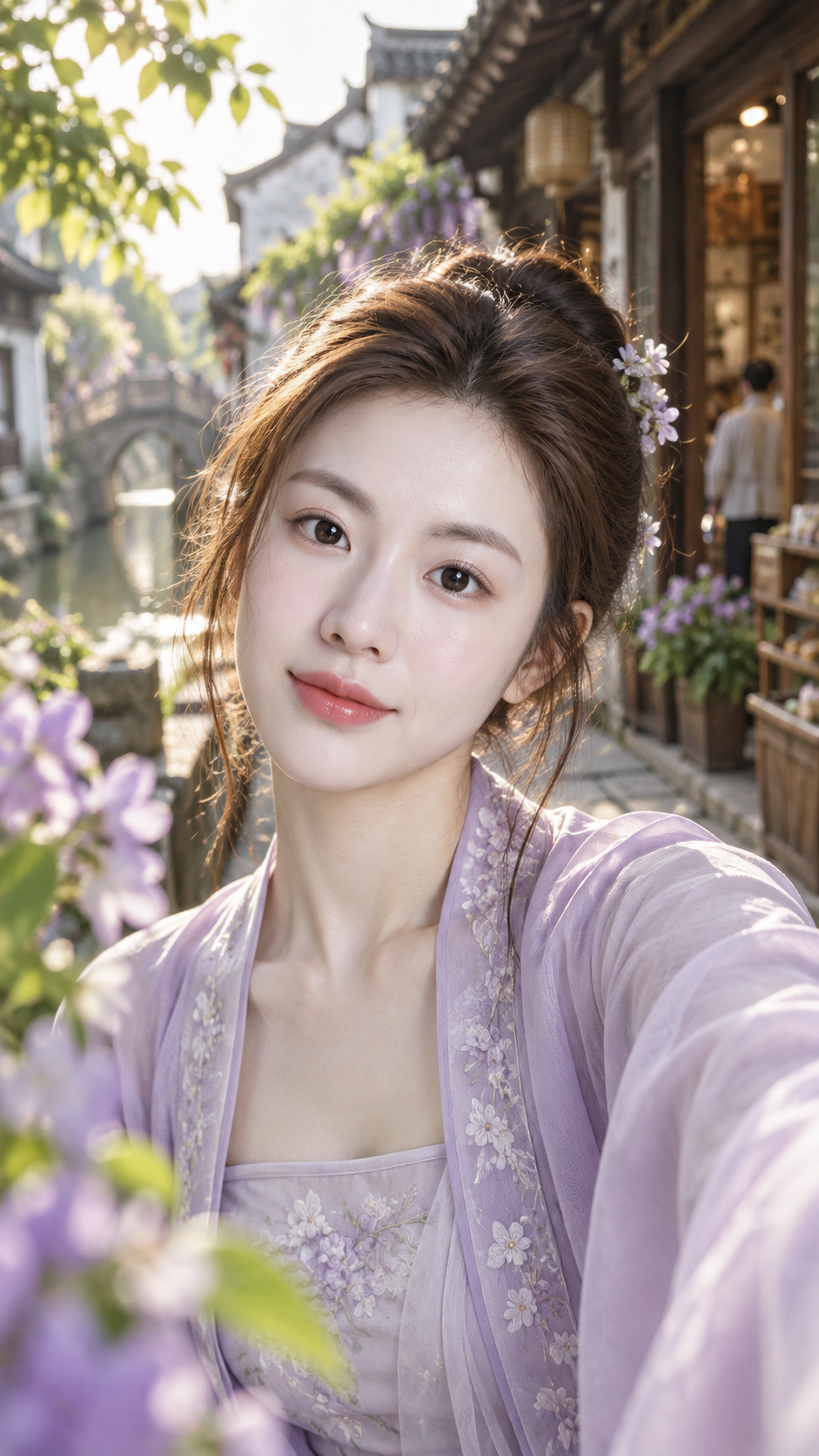 Portrait d'adulte en hanfu modernisé violet clair dans une vieille ville de Jiangnan