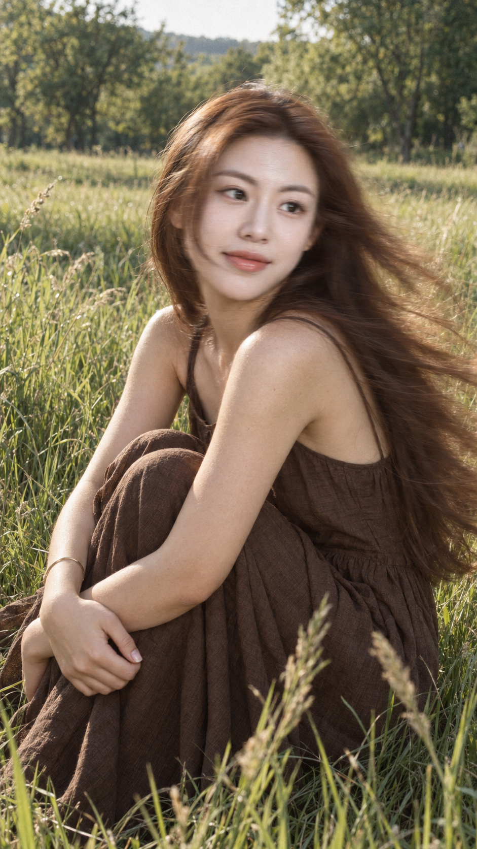Portrait pris sur le vif d'une femme adulte tournant la tête dans une prairie, flou de mouvement