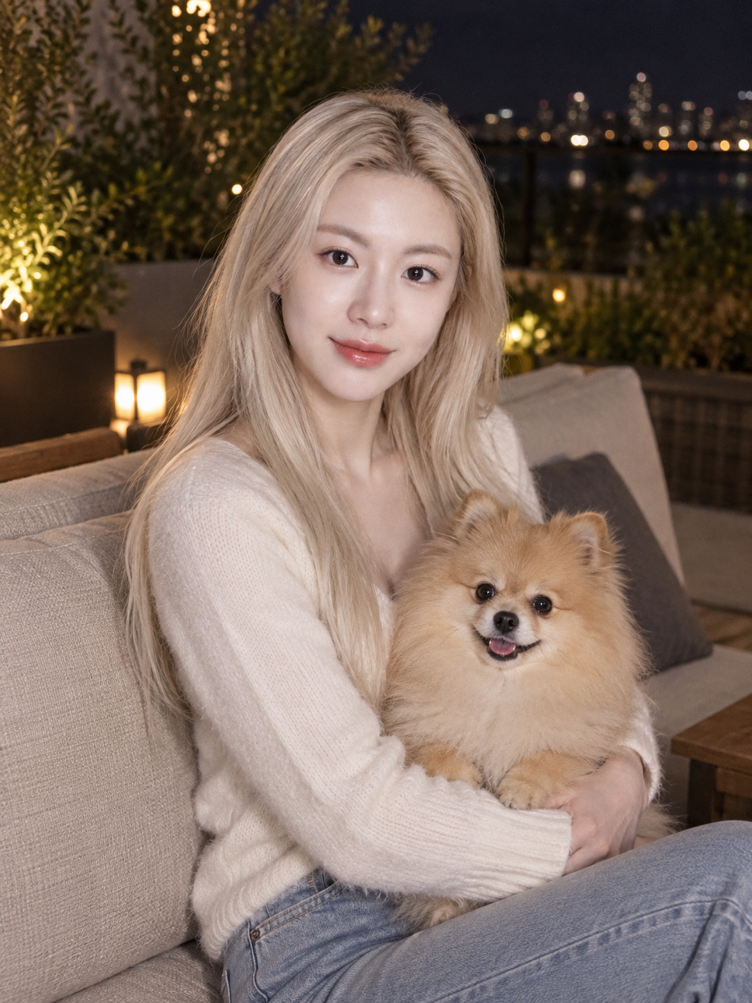 夕暮れに子犬を抱く温かな生活の肖像
