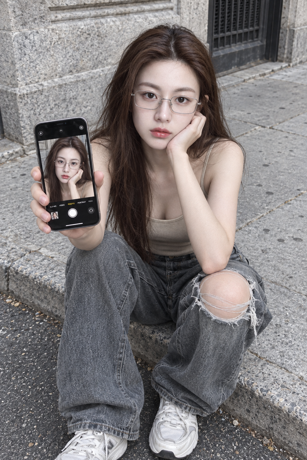Photographie d'une fille urbaine tenant un téléphone en incrustation