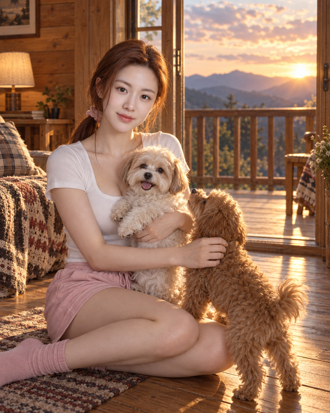 Portrait au coucher du soleil d'une femme adulte et de son chien dans un chalet en bois