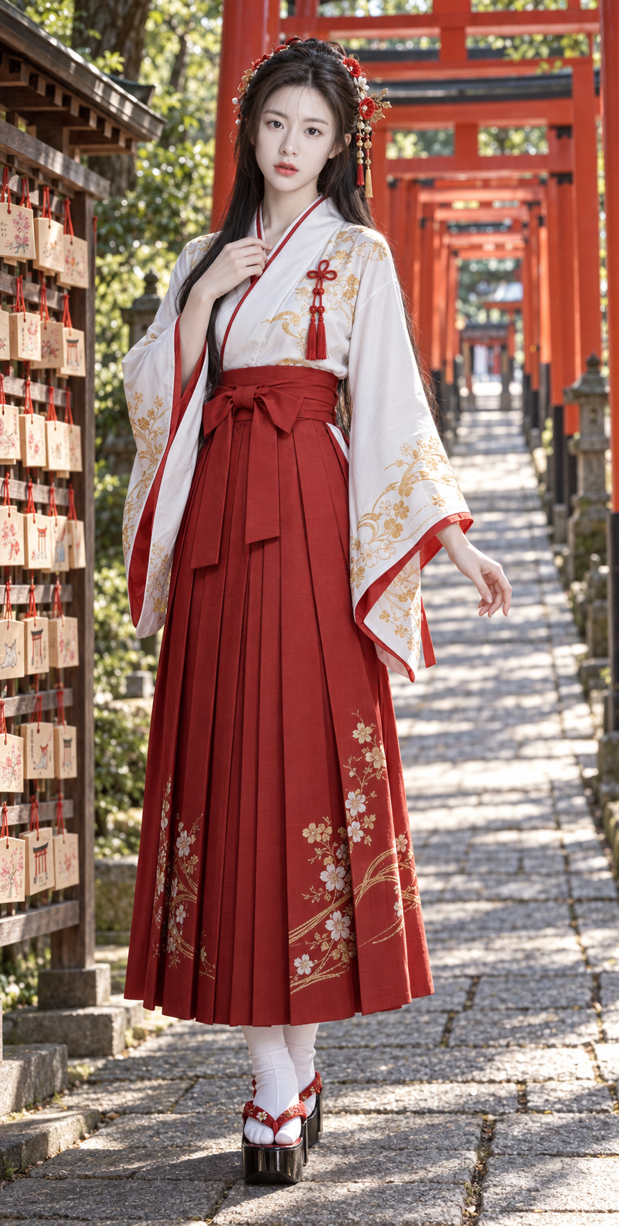 現代巫女服の東アジア美女、和風神社の写真