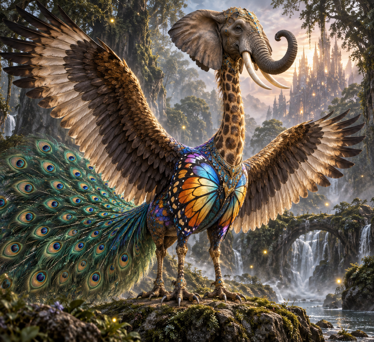 Oiseau divin à tête d'éléphant et corps de papillon dans la forêt brumeuse