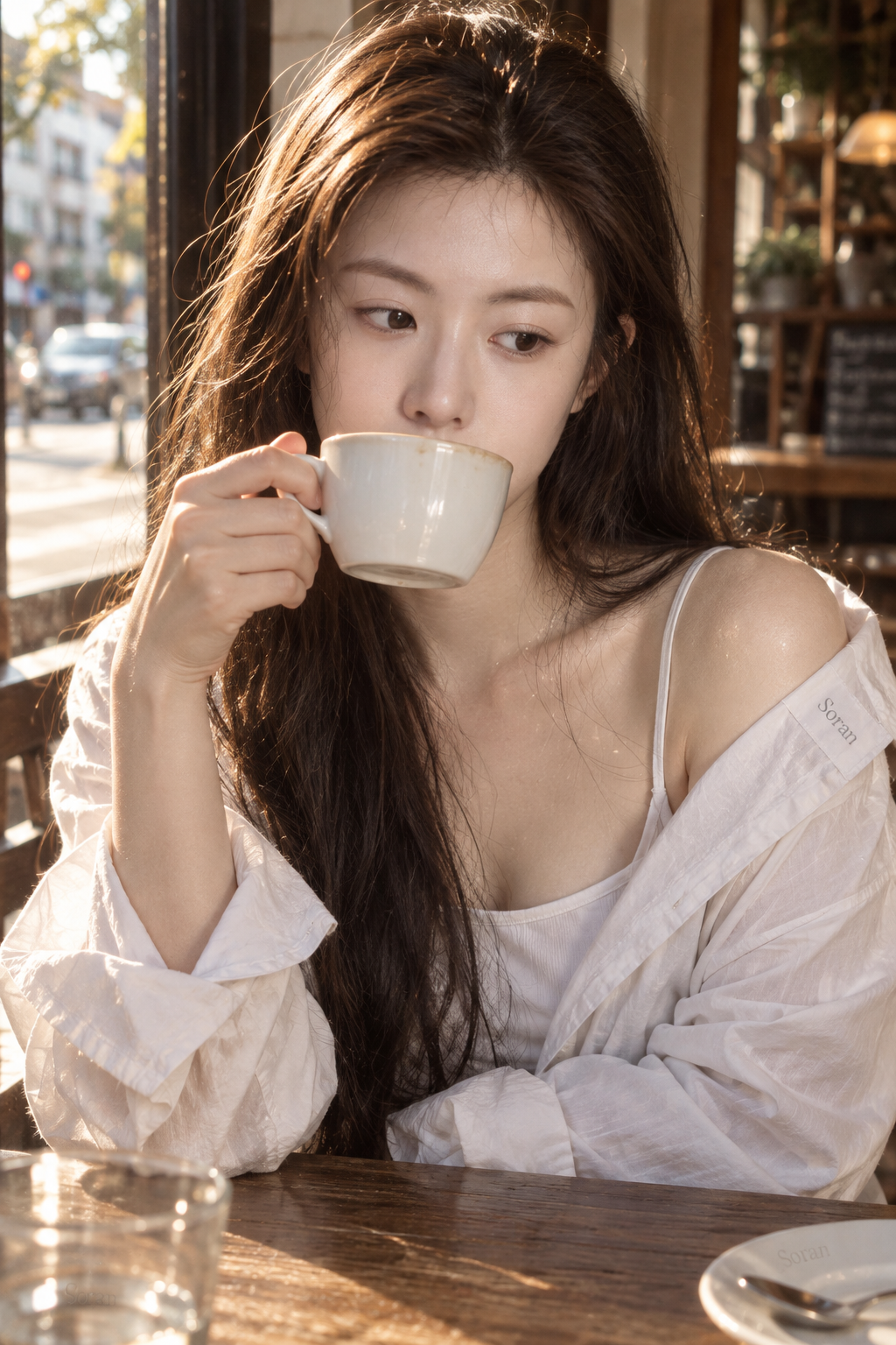 カフェの窓辺、暖かな日差しの中の東アジア女性の肖像