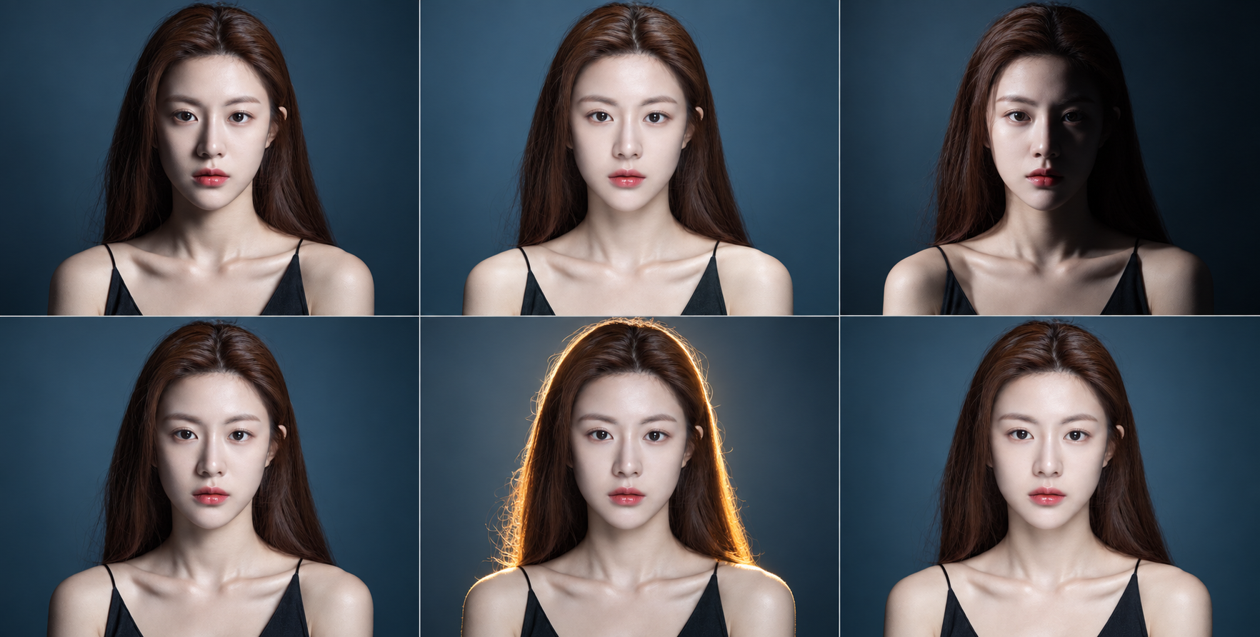 超写実的2x3女性肖像:6種のプロ照明比較