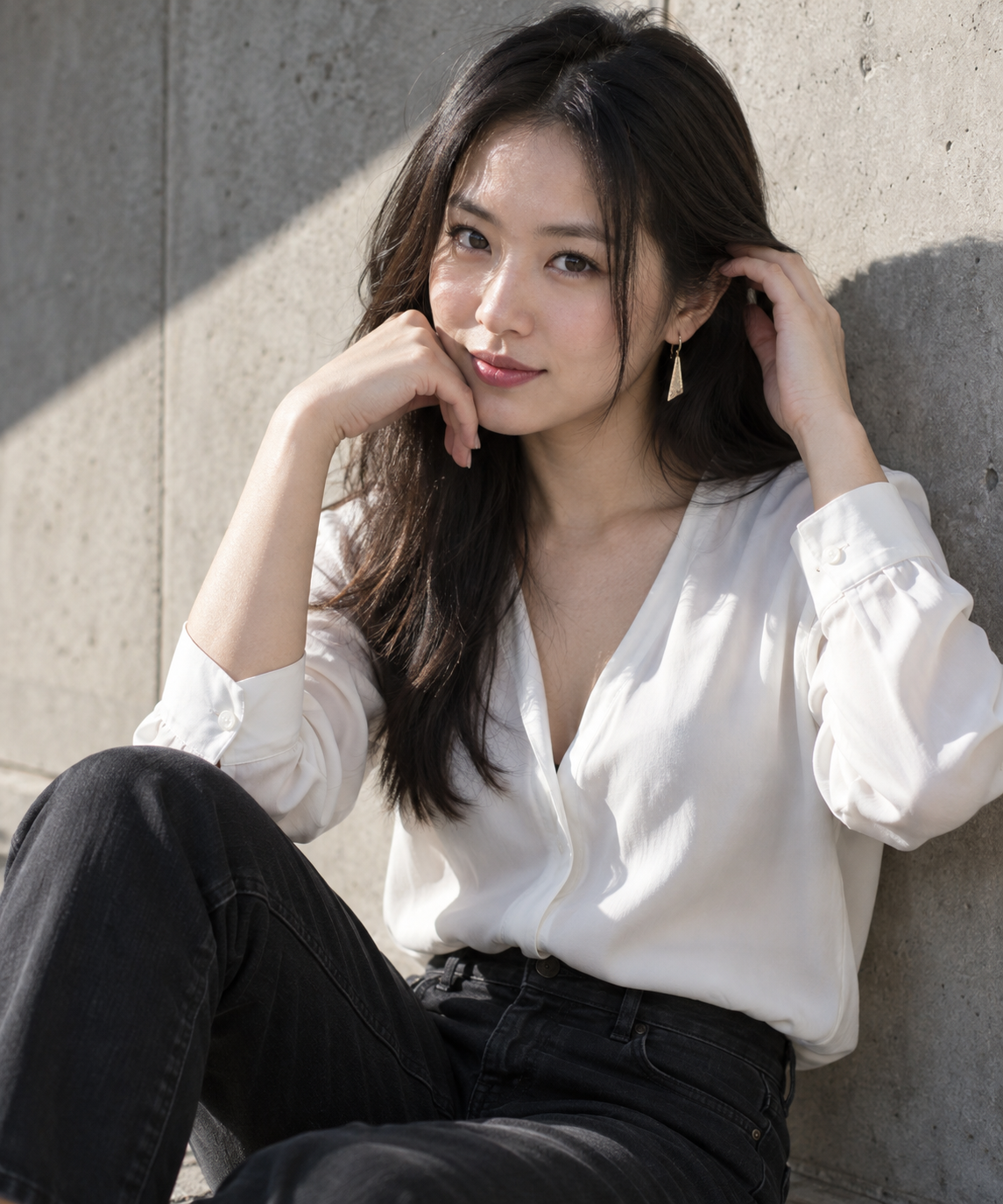 Portrait d'une femme asiatique adulte en chemise blanche et jean noir devant un mur de béton