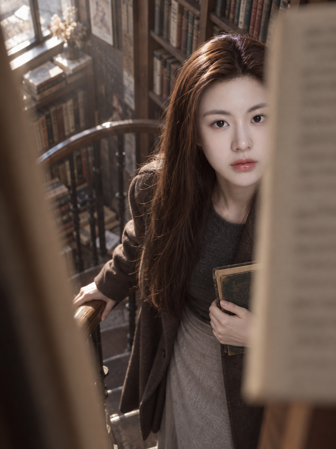 Portrait d'une femme adulte vue d'un angle caché dans l'escalier en spirale d'une librairie ancienne