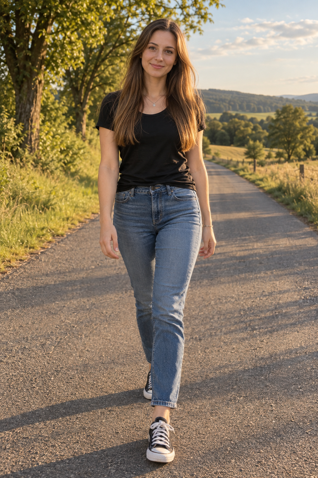 Portrait d'une femme adulte douce sur un chemin de campagne à l'heure dorée