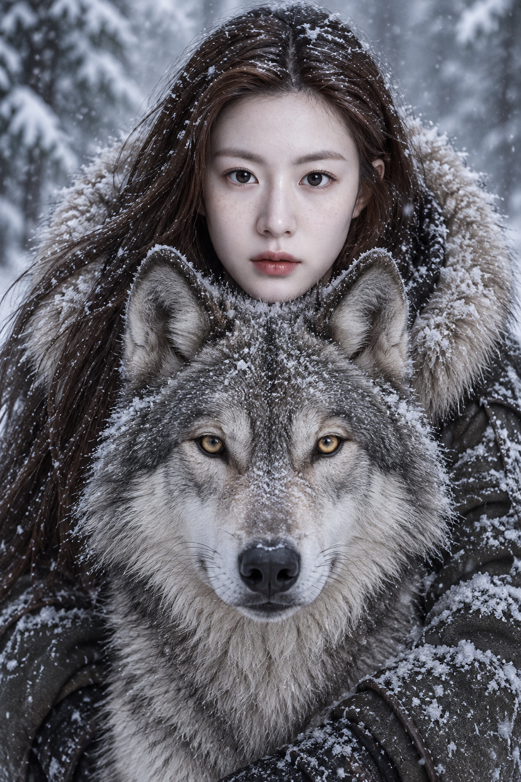 雪の森で女性と灰色オオカミの静かな絆