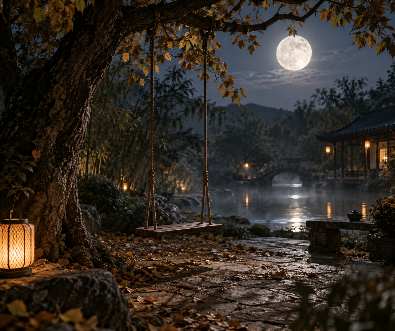 Photo d'une balançoire sous la lune d'automne