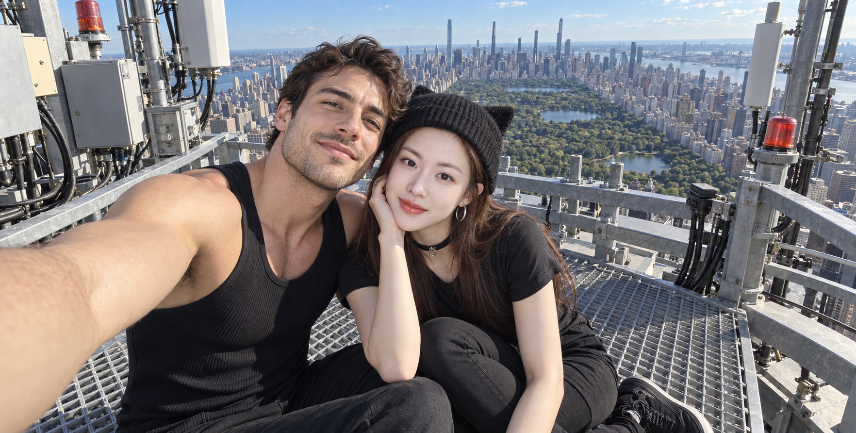 Couple selfie on the antenna platform atop a New York skyscraper