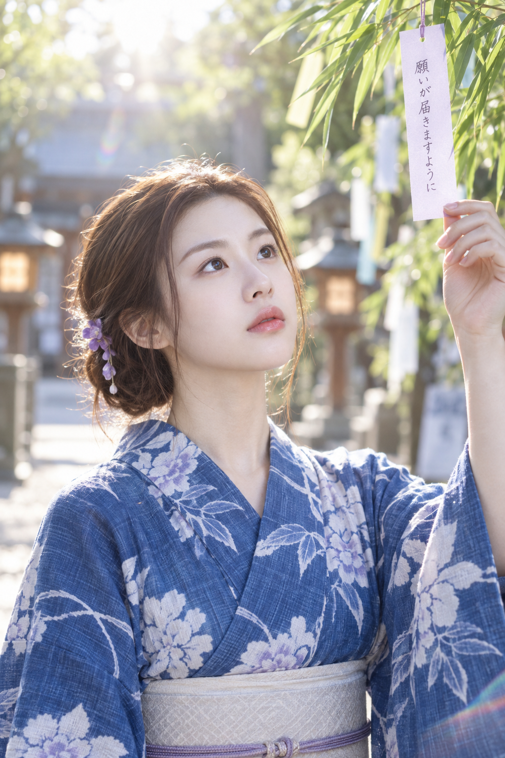 七夕の朝、神社で浴衣の少女が祈る
